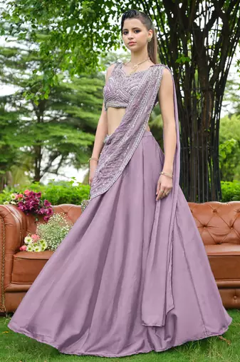 Pink zari sequence beads embroidery work half sarees for women's