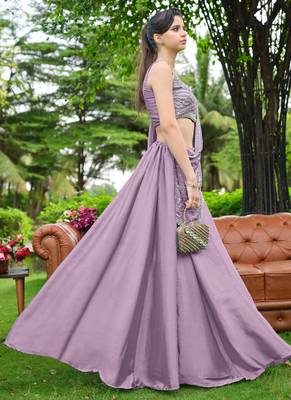 Pink zari sequence beads embroidery work half sarees for women's 4