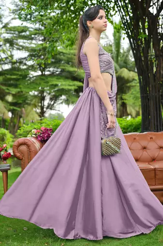 Pink zari sequence beads embroidery work half sarees for women's