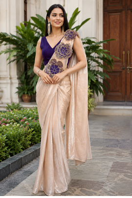 designer embroidered applique flower design ready to wear saree with stitched blouse 1