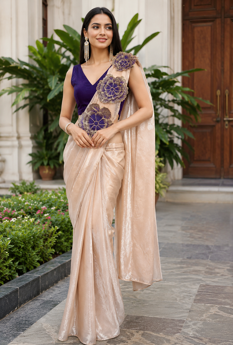 designer embroidered applique flower design ready to wear saree with stitched blouse