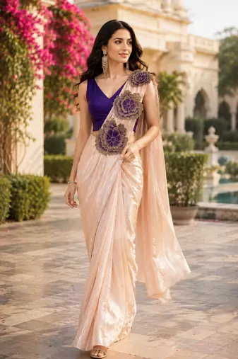 designer embroidered applique flower design ready to wear saree with stitched blouse