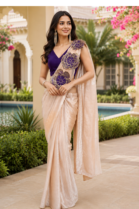 designer embroidered applique flower design ready to wear saree with stitched blouse 4