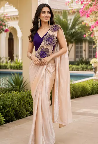 designer embroidered applique flower design ready to wear saree with stitched blouse