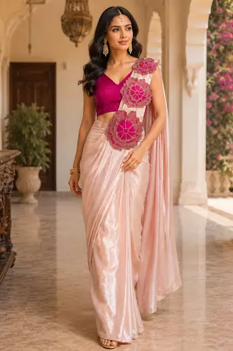 designer embroidered applique flower design ready to wear saree with stitched blouse