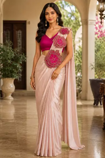 designer embroidered applique flower design ready to wear saree with stitched blouse