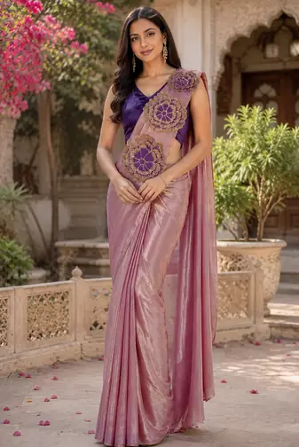 designer embroidered applique flower design ready to wear saree with stitched blouse