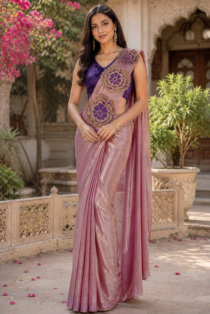 designer embroidered applique flower design ready to wear saree with stitched blouse