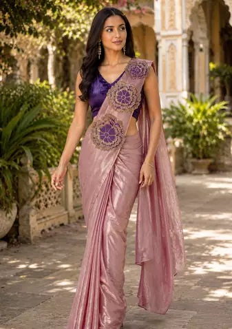 designer embroidered applique flower design ready to wear saree with stitched blouse