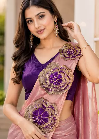 designer embroidered applique flower design ready to wear saree with stitched blouse