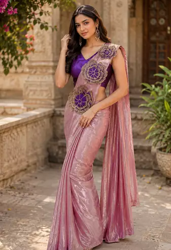 designer embroidered applique flower design ready to wear saree with stitched blouse