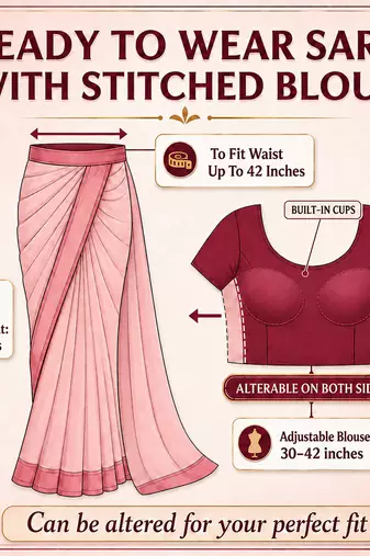 designer embroidered applique flower design ready to wear saree with stitched blouse