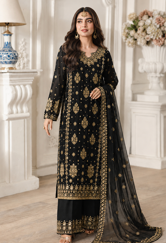 black color  beautiful embroidery sequence work faux georgette kurti palazzo set