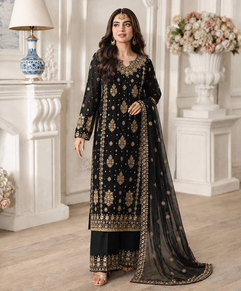 black color  beautiful embroidery sequence work faux georgette kurti palazzo set