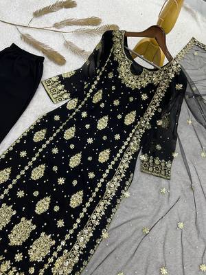 black color  beautiful embroidery sequence work faux georgette kurti palazzo set 2