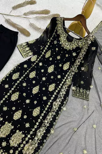 black color  beautiful embroidery sequence work faux georgette kurti palazzo set