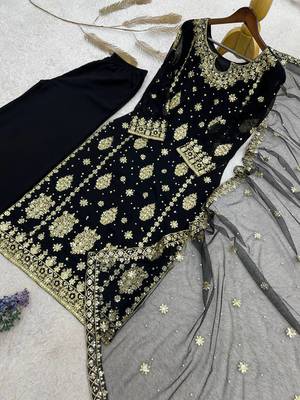 black color  beautiful embroidery sequence work faux georgette kurti palazzo set 3