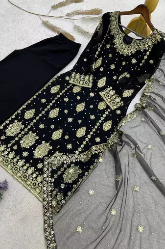 black color  beautiful embroidery sequence work faux georgette kurti palazzo set