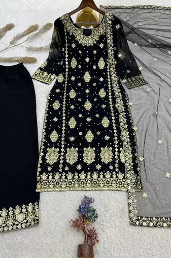 black color  beautiful embroidery sequence work faux georgette kurti palazzo set