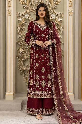 maroon color  beautiful embroidery sequence work faux georgette kurti palazzo set