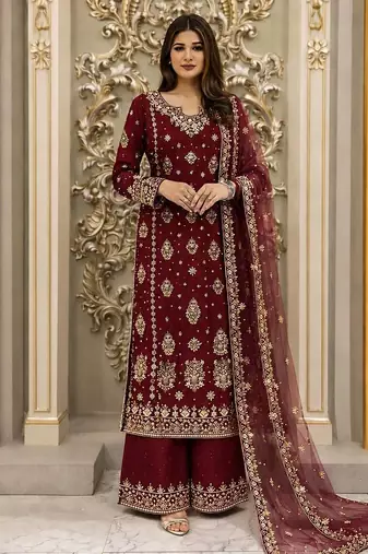 maroon color  beautiful embroidery sequence work faux georgette kurti palazzo set
