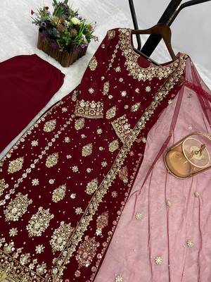 maroon color  beautiful embroidery sequence work faux georgette kurti palazzo set 2