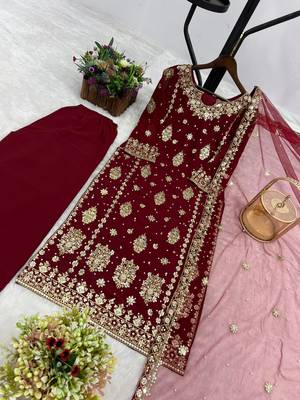 maroon color  beautiful embroidery sequence work faux georgette kurti palazzo set 3