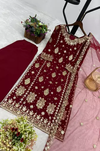 maroon color  beautiful embroidery sequence work faux georgette kurti palazzo set