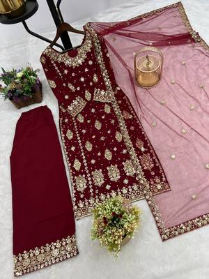 maroon color  beautiful embroidery sequence work faux georgette kurti palazzo set 4