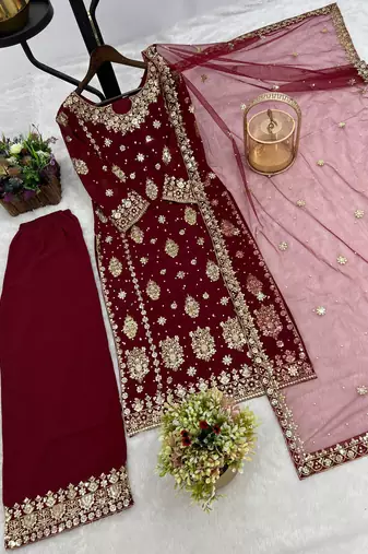 maroon color  beautiful embroidery sequence work faux georgette kurti palazzo set