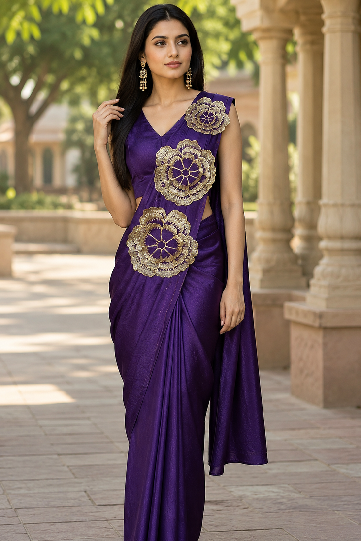 designer embroidered applique flower design ready to wear saree with stitched blouse