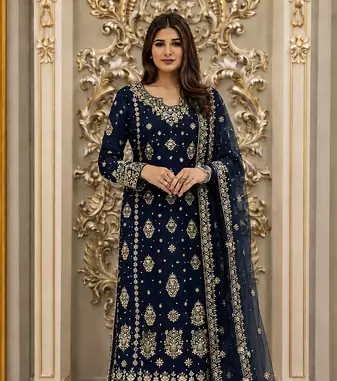 teal color  beautiful embroidery sequence work faux georgette kurti palazzo set