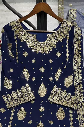 teal color  beautiful embroidery sequence work faux georgette kurti palazzo set