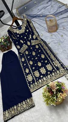 teal color  beautiful embroidery sequence work faux georgette kurti palazzo set 4