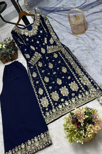 teal color  beautiful embroidery sequence work faux georgette kurti palazzo set