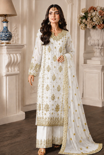 white color  beautiful embroidery sequence work faux georgette kurti palazzo set