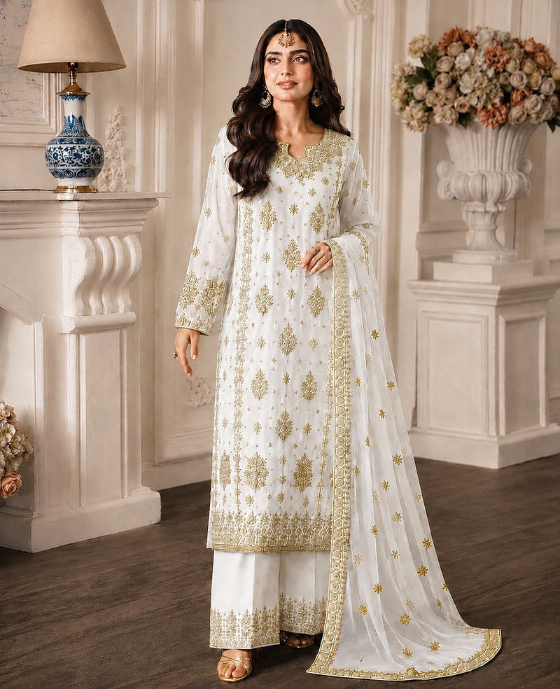 white color  beautiful embroidery sequence work faux georgette kurti palazzo set