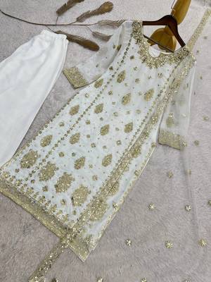 white color  beautiful embroidery sequence work faux georgette kurti palazzo set 2