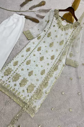 white color  beautiful embroidery sequence work faux georgette kurti palazzo set