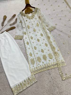 white color  beautiful embroidery sequence work faux georgette kurti palazzo set 3
