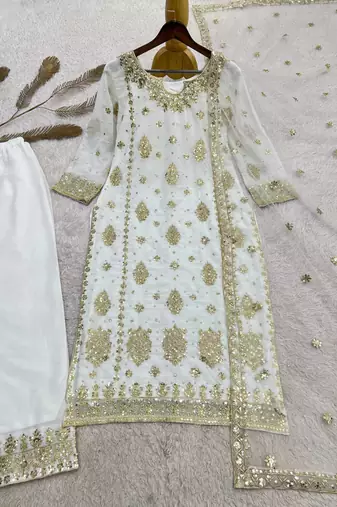 white color  beautiful embroidery sequence work faux georgette kurti palazzo set