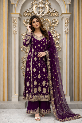purple color  beautiful embroidery sequence work faux georgette kurti palazzo set 1