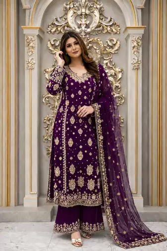 purple color  beautiful embroidery sequence work faux georgette kurti palazzo set