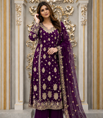 purple color  beautiful embroidery sequence work faux georgette kurti palazzo set