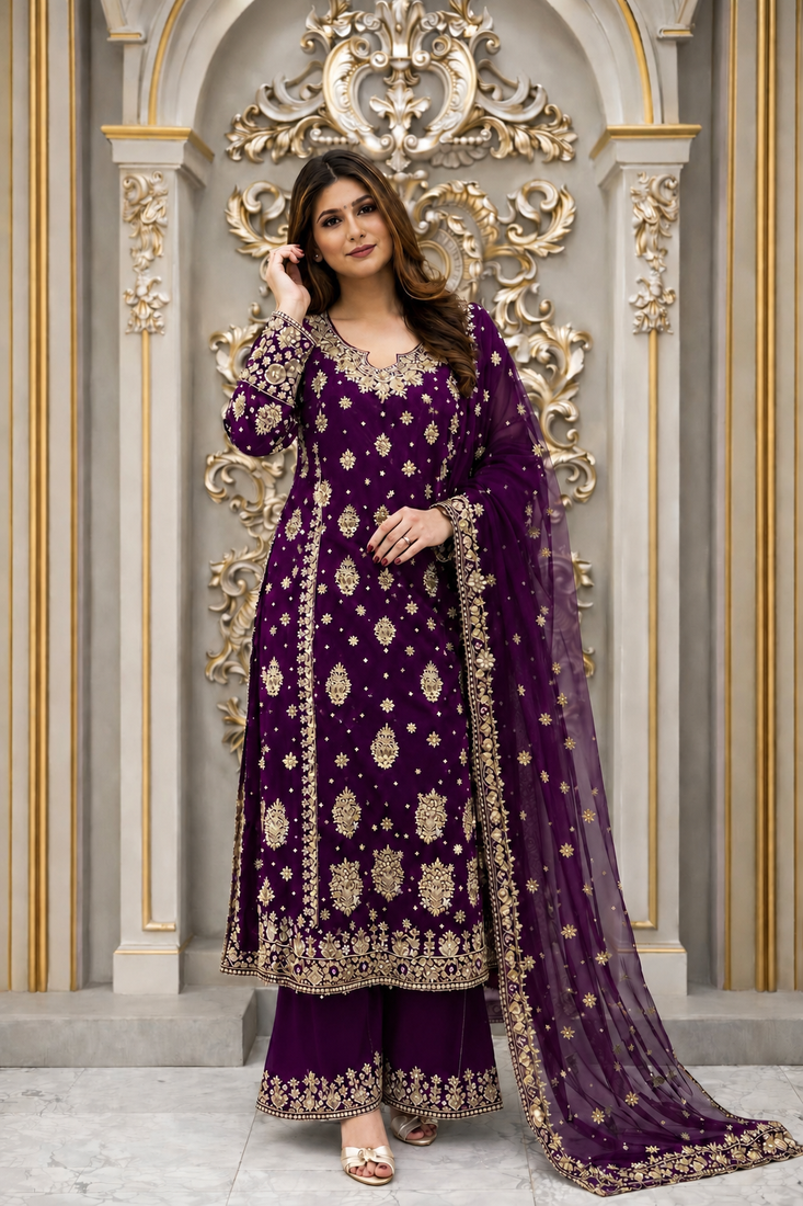 purple color  beautiful embroidery sequence work faux georgette kurti palazzo set