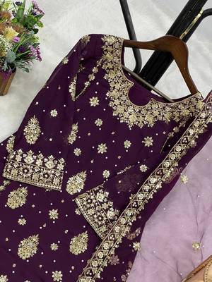 purple color  beautiful embroidery sequence work faux georgette kurti palazzo set 2