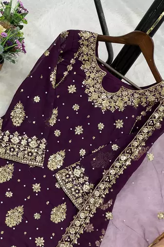 purple color  beautiful embroidery sequence work faux georgette kurti palazzo set