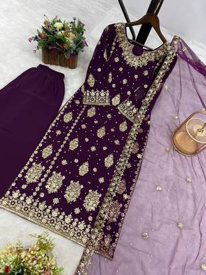 purple color  beautiful embroidery sequence work faux georgette kurti palazzo set 3