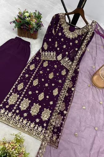 purple color  beautiful embroidery sequence work faux georgette kurti palazzo set