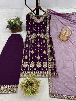 purple color  beautiful embroidery sequence work faux georgette kurti palazzo set 4